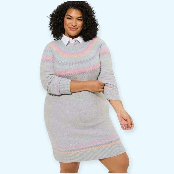 2X 18W 20W Gray Mini Sweater Dress Vegan Cashmere Fair Isle Mock Neck Cozy Cabin - Picture 1 of 6